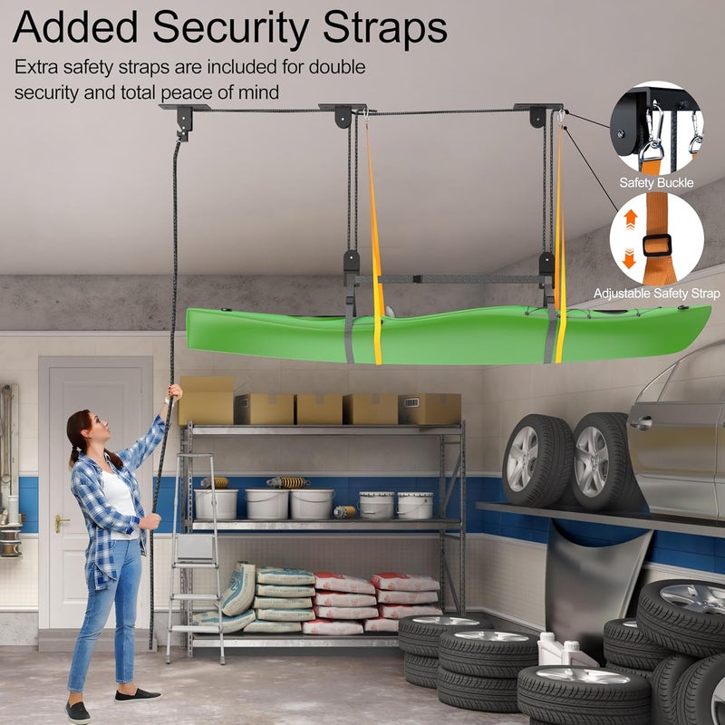 TRUSOON Upgrade Kayak Hoist for Garage Ceiling, Heavy-Duty Kayak Storage Lift Pulley System with Safety Straps, Holds Up to 150 lbs Capacity, Fit 10-18 Foot Ceilings, Black - Image 2